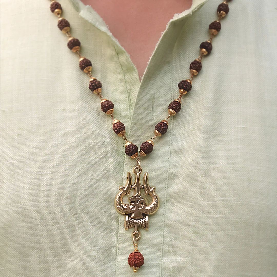 Gold Plated Rudraksha Om Trishul Necklace