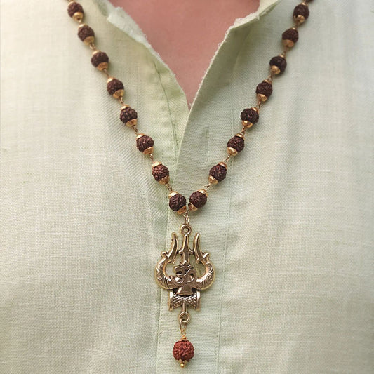Gold Plated Rudraksha Om Trishul Necklace