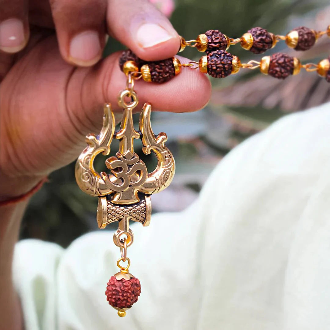 Gold Plated Rudraksha Om Trishul Necklace